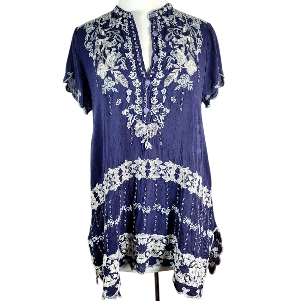 JOHNNY WAS Fletcher Embroidered Tunic Top Blue Grey Oversized Small - Picture 11 of 12